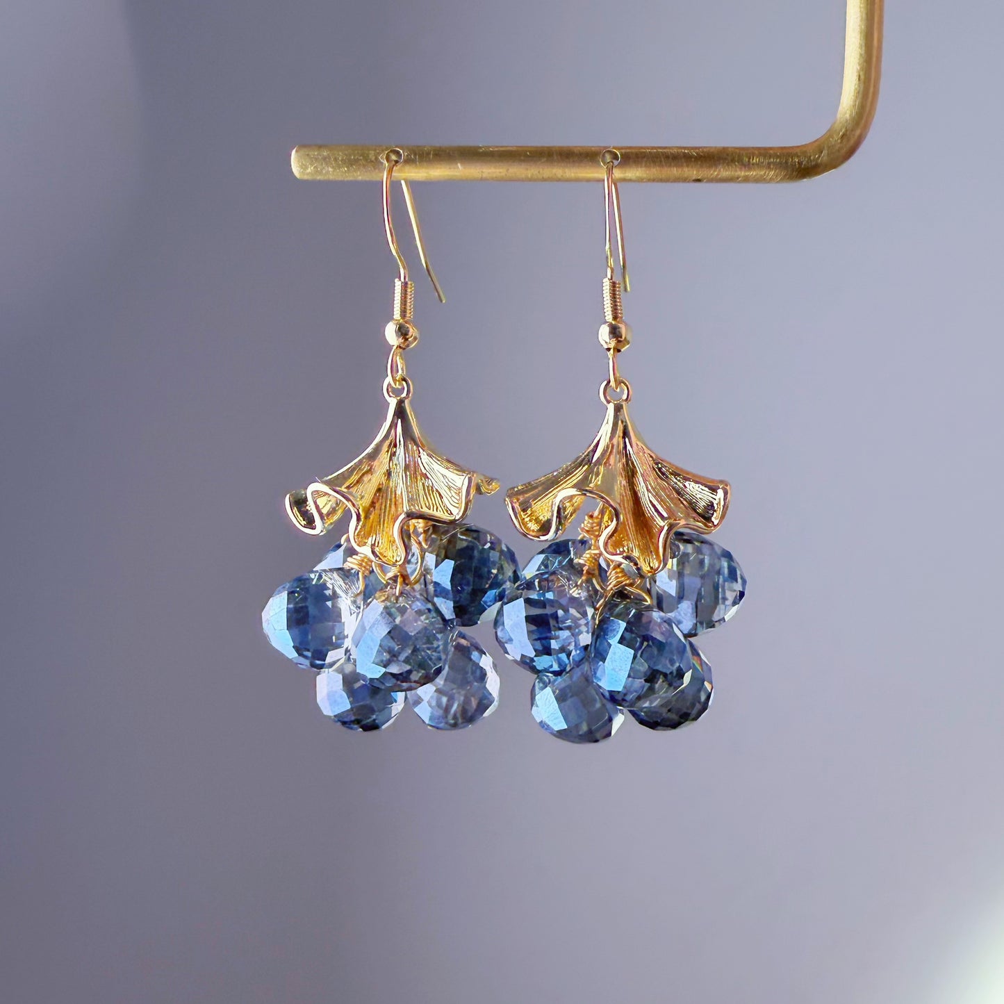 Handmade Golden Ginkgo Leaves and Blue Fruits Dangle Earrings