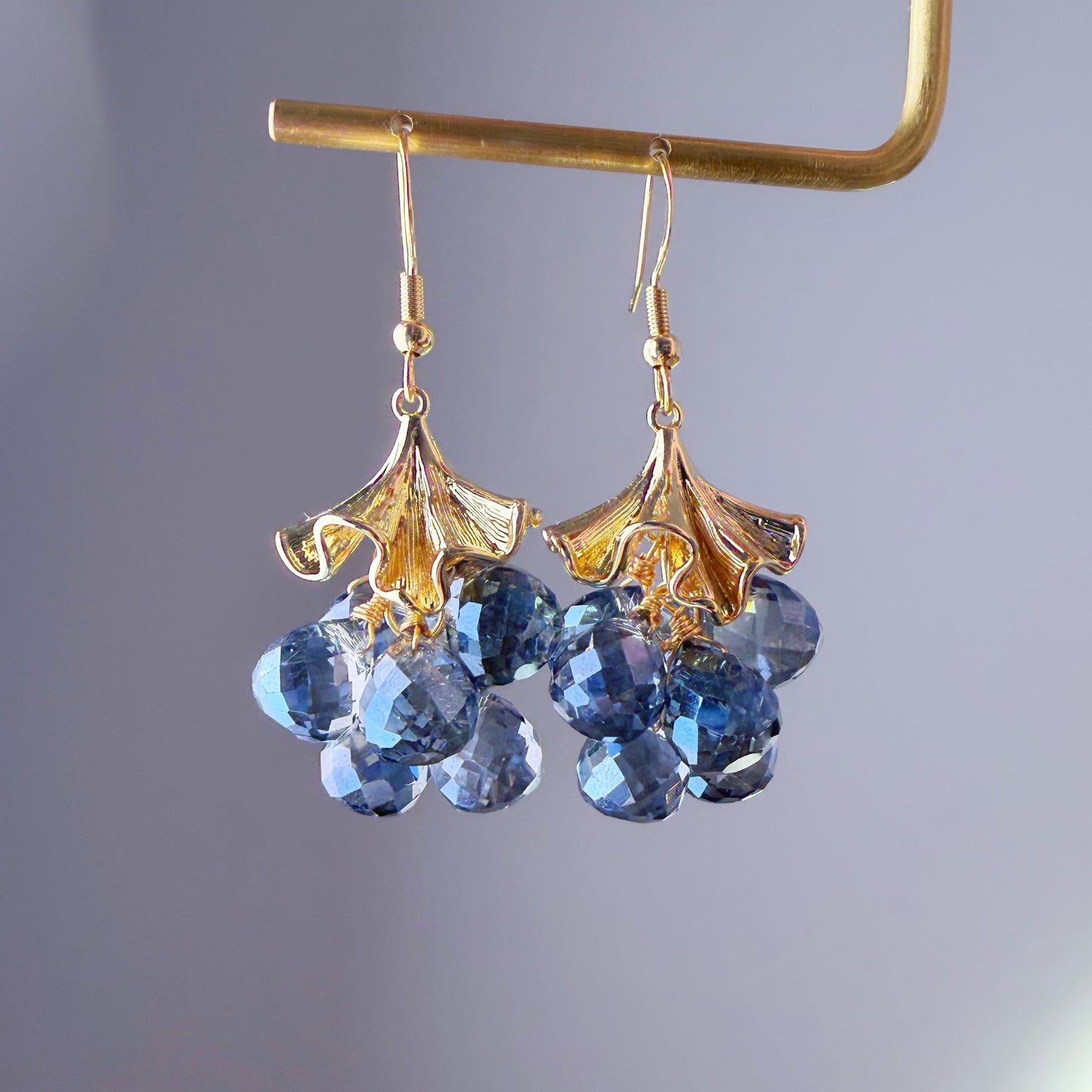 Handmade Golden Ginkgo Leaves and Blue Fruits Dangle Earrings