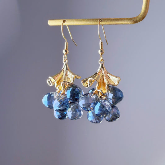 Handmade Golden Ginkgo Leaves and Blue Fruits Dangle Earrings