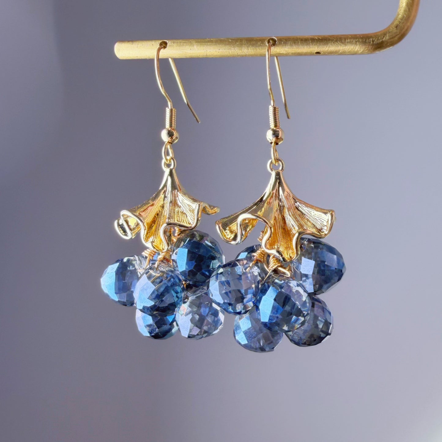 Handmade Golden Ginkgo Leaves and Blue Fruits Dangle Earrings