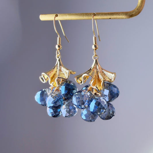 Handmade Golden Ginkgo Leaves and Blue Fruits Dangle Earrings