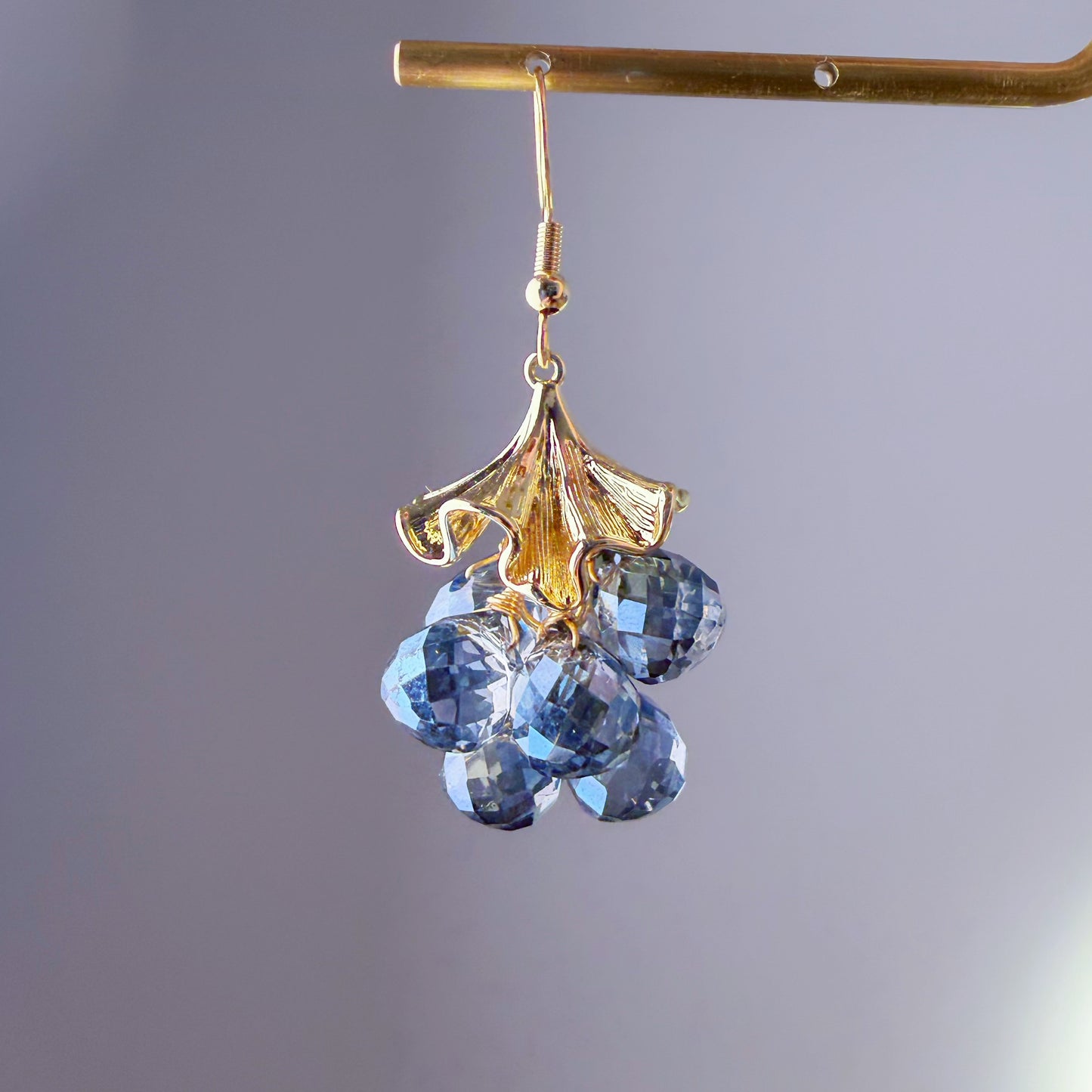 Handmade Golden Ginkgo Leaves and Blue Fruits Dangle Earrings