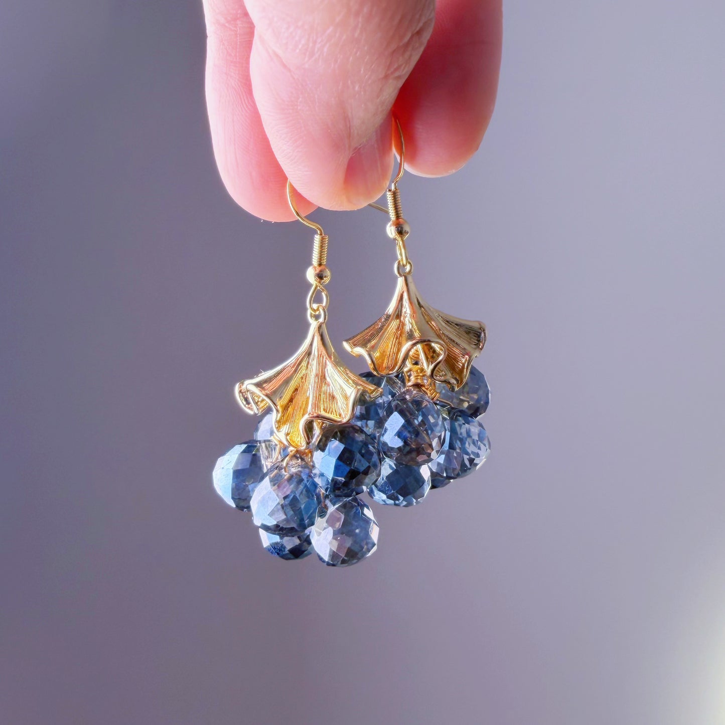 Handmade Golden Ginkgo Leaves and Blue Fruits Dangle Earrings