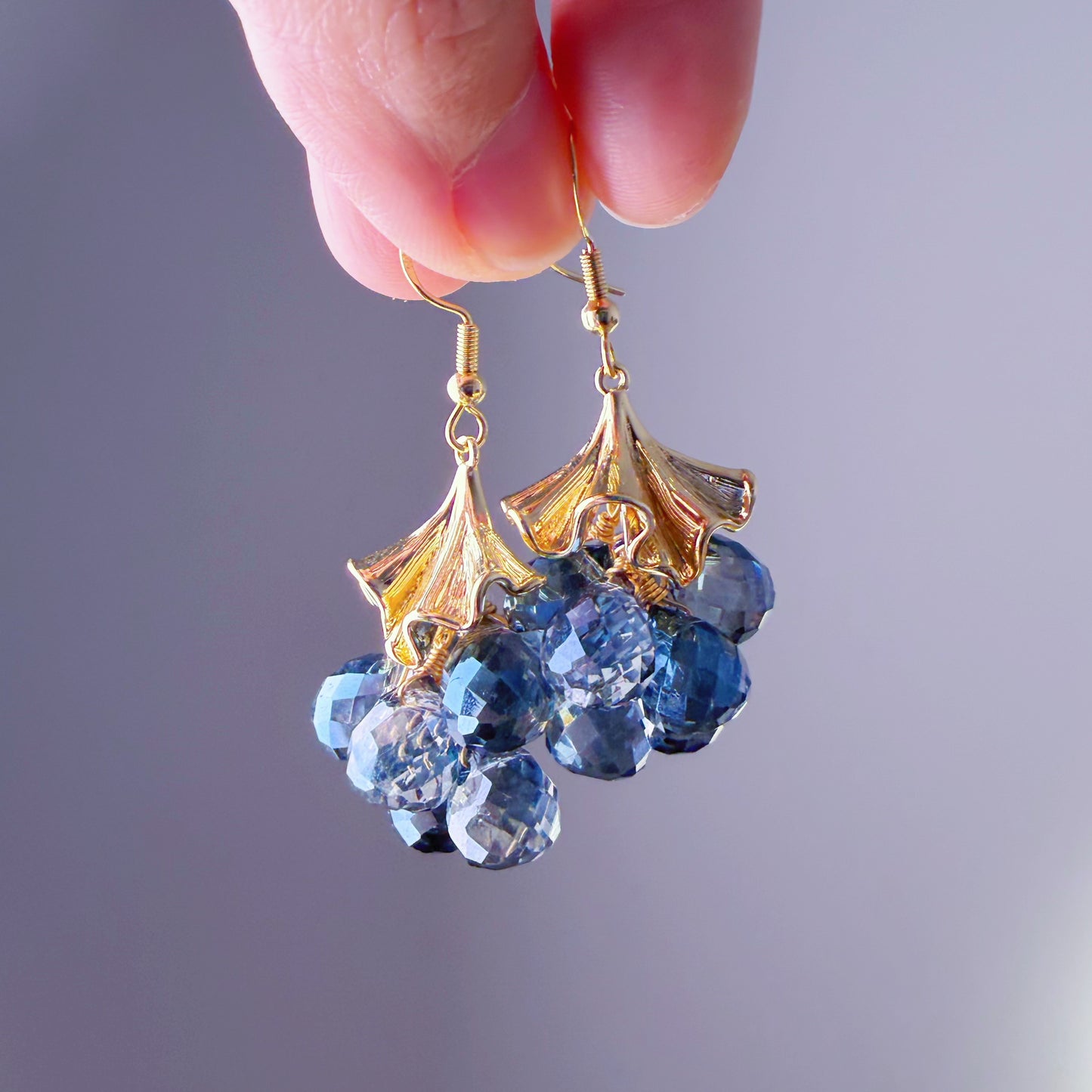 Handmade Golden Ginkgo Leaves and Blue Fruits Dangle Earrings