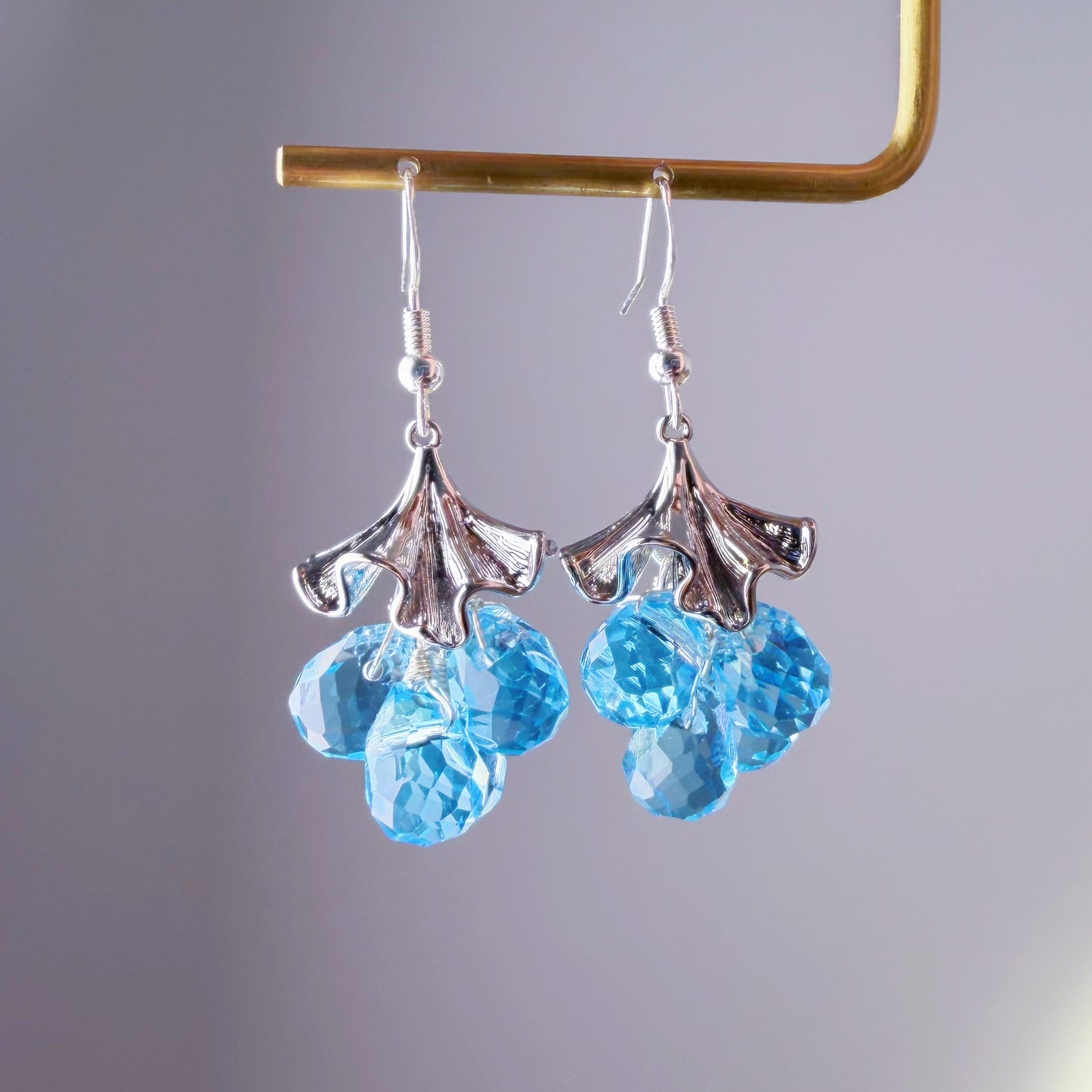 Handmade Silver Ginkgo Leaves and Blue Fruits Dangle Earrings