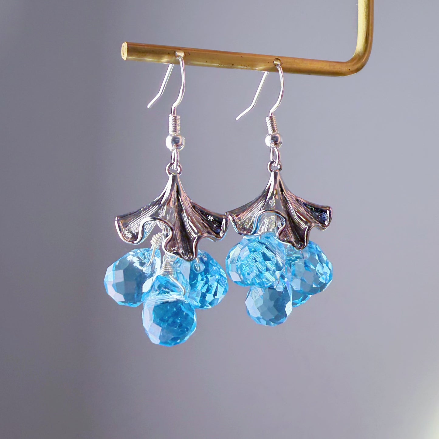 Handmade Silver Ginkgo Leaves and Blue Fruits Dangle Earrings