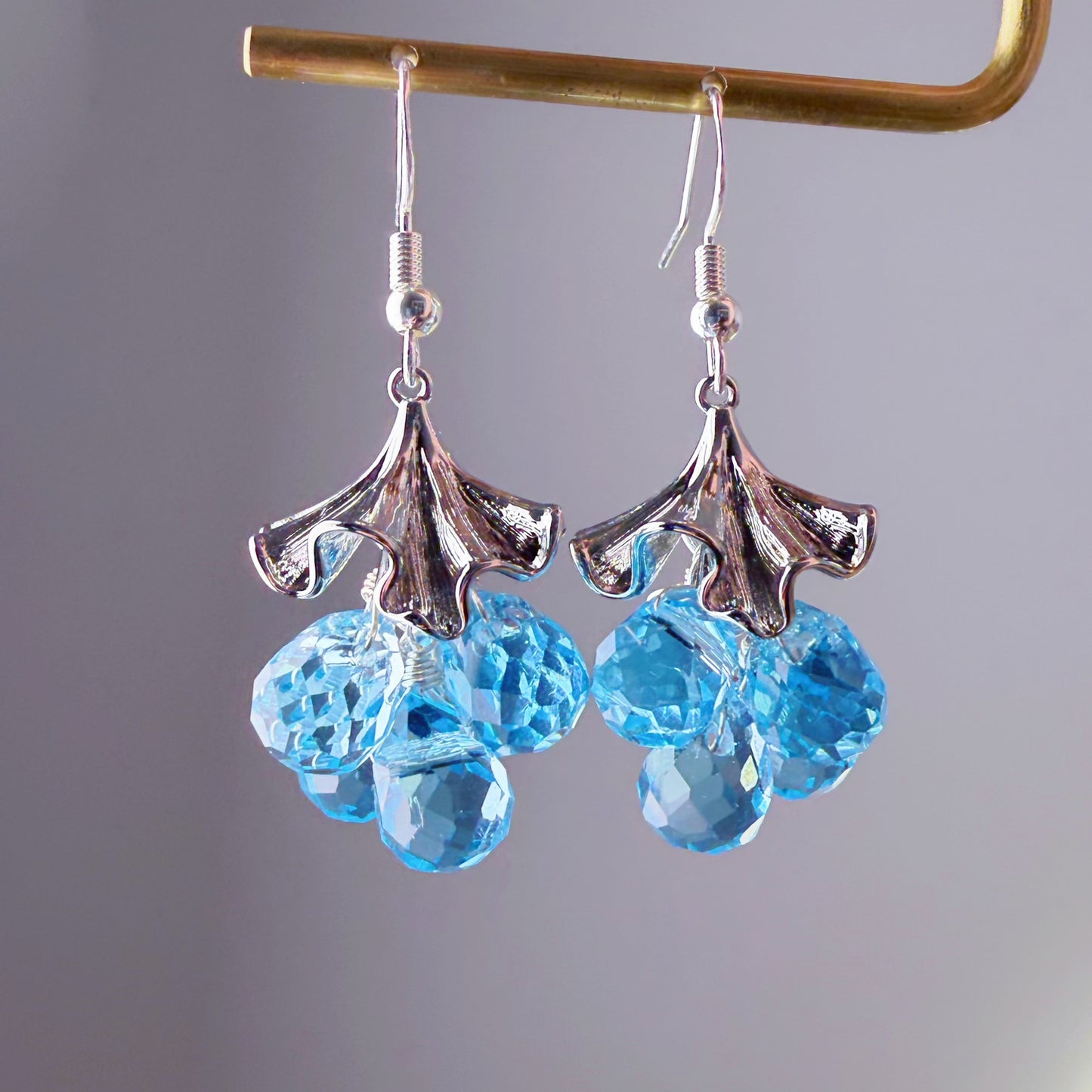 Handmade Silver Ginkgo Leaves and Blue Fruits Dangle Earrings