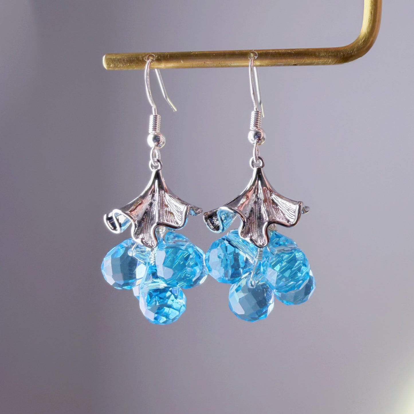 Handmade Silver Ginkgo Leaves and Blue Fruits Dangle Earrings