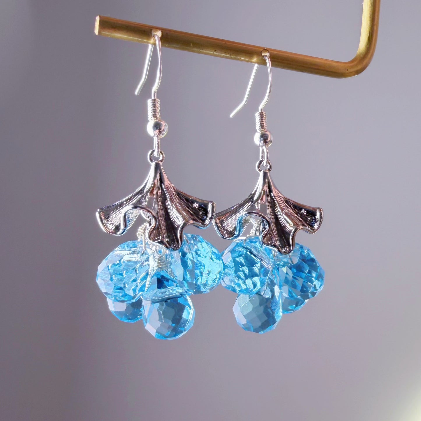 Handmade Silver Ginkgo Leaves and Blue Fruits Dangle Earrings