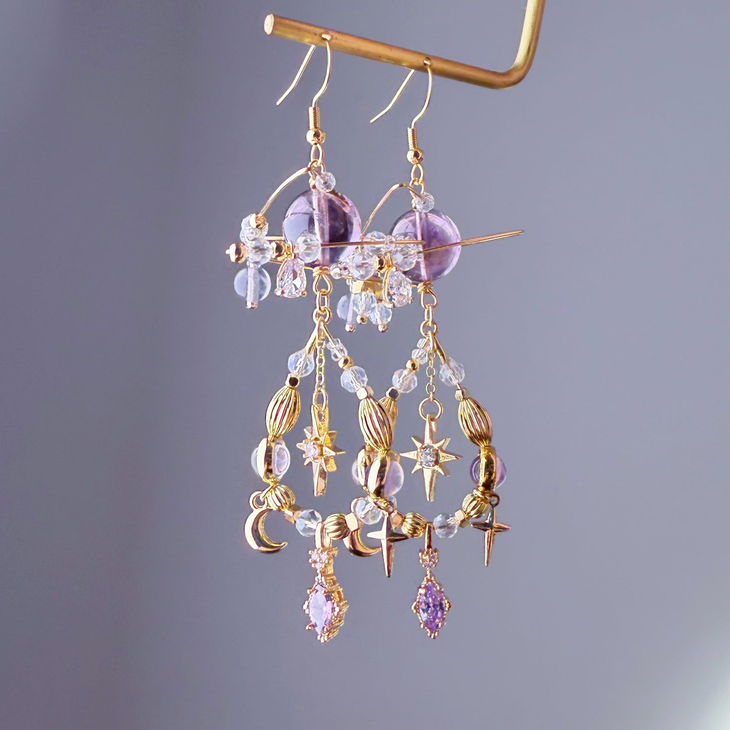 Amethyst Planets in Sky Celestial Dangle Earrings