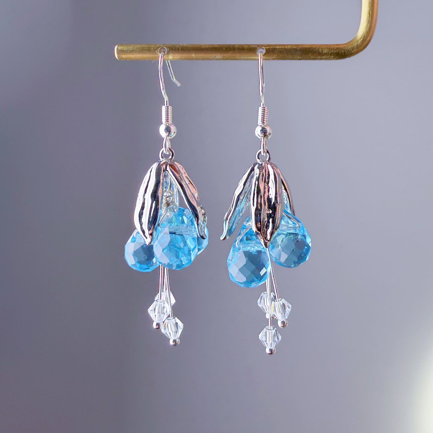 Handmade Wild Swiss Blue Berries and Silver Leaves Earrings