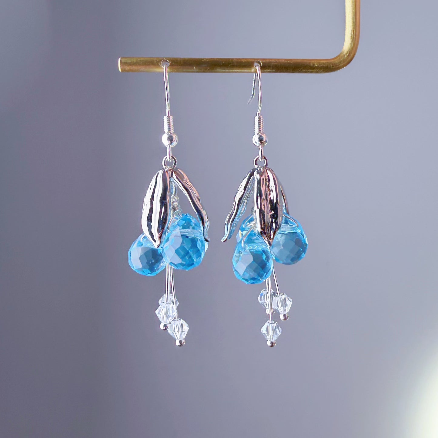 Handmade Wild Swiss Blue Berries and Silver Leaves Earrings