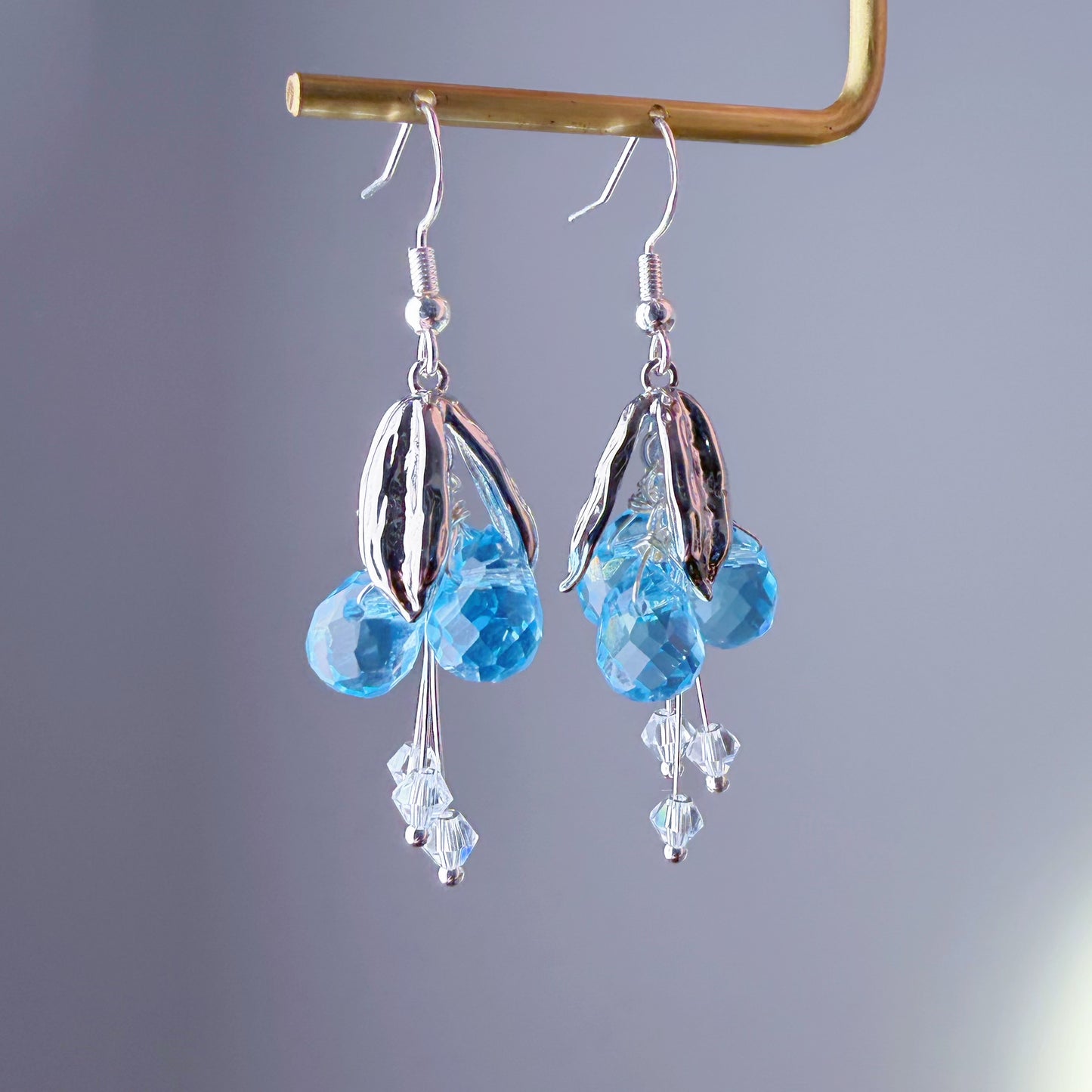 Handmade Wild Swiss Blue Berries and Silver Leaves Earrings
