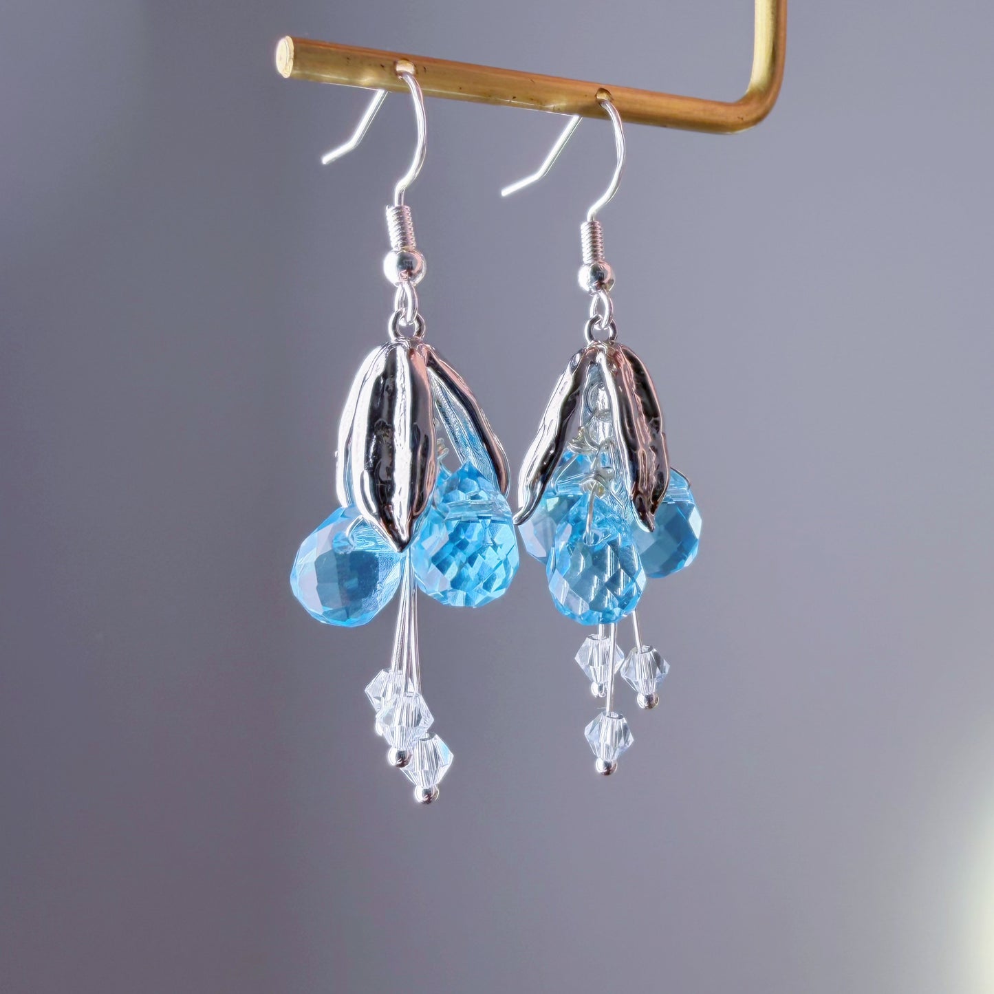 Handmade Wild Swiss Blue Berries and Silver Leaves Earrings