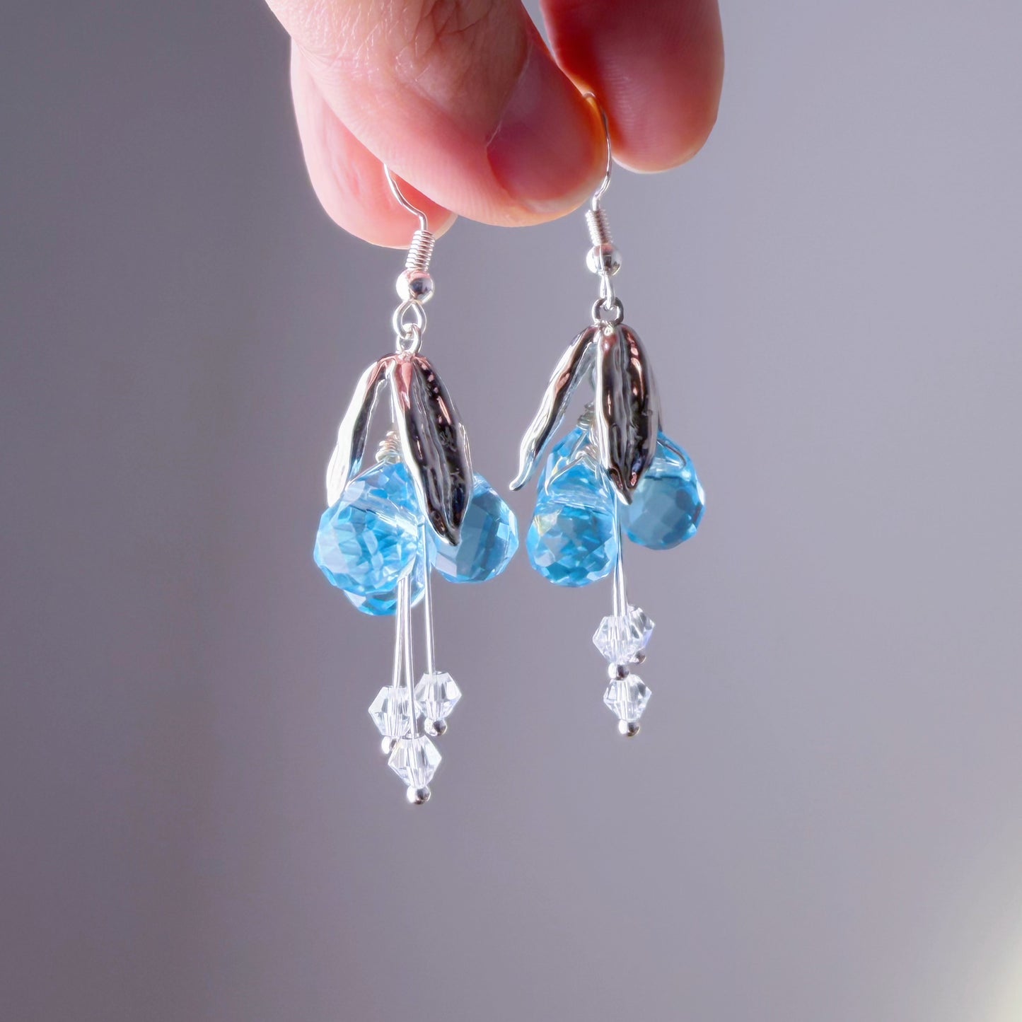 Handmade Wild Swiss Blue Berries and Silver Leaves Earrings