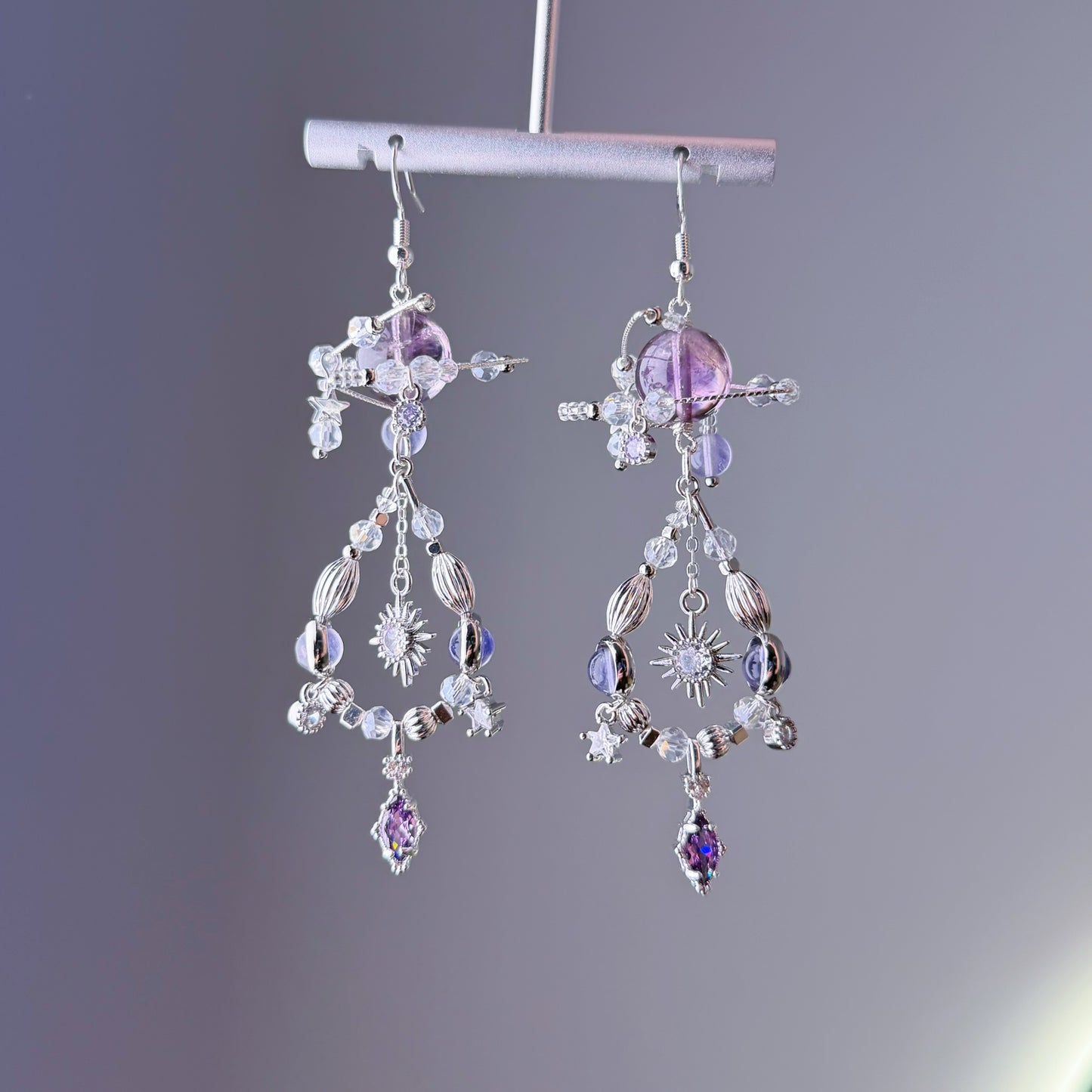 Amethyst Planets in Sky Celestial Dangle Silver Earrings