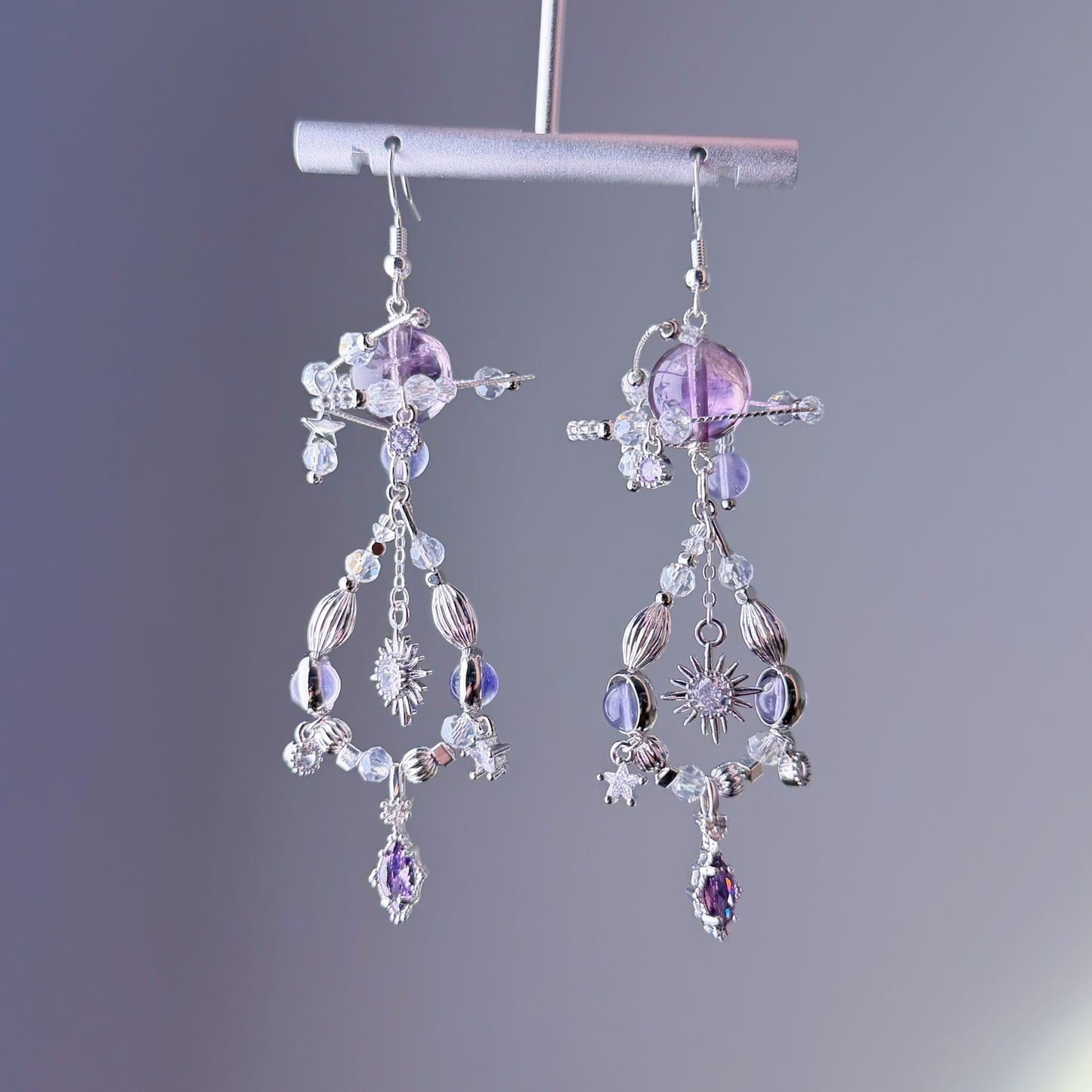 Amethyst Planets in Sky Celestial Dangle Silver Earrings