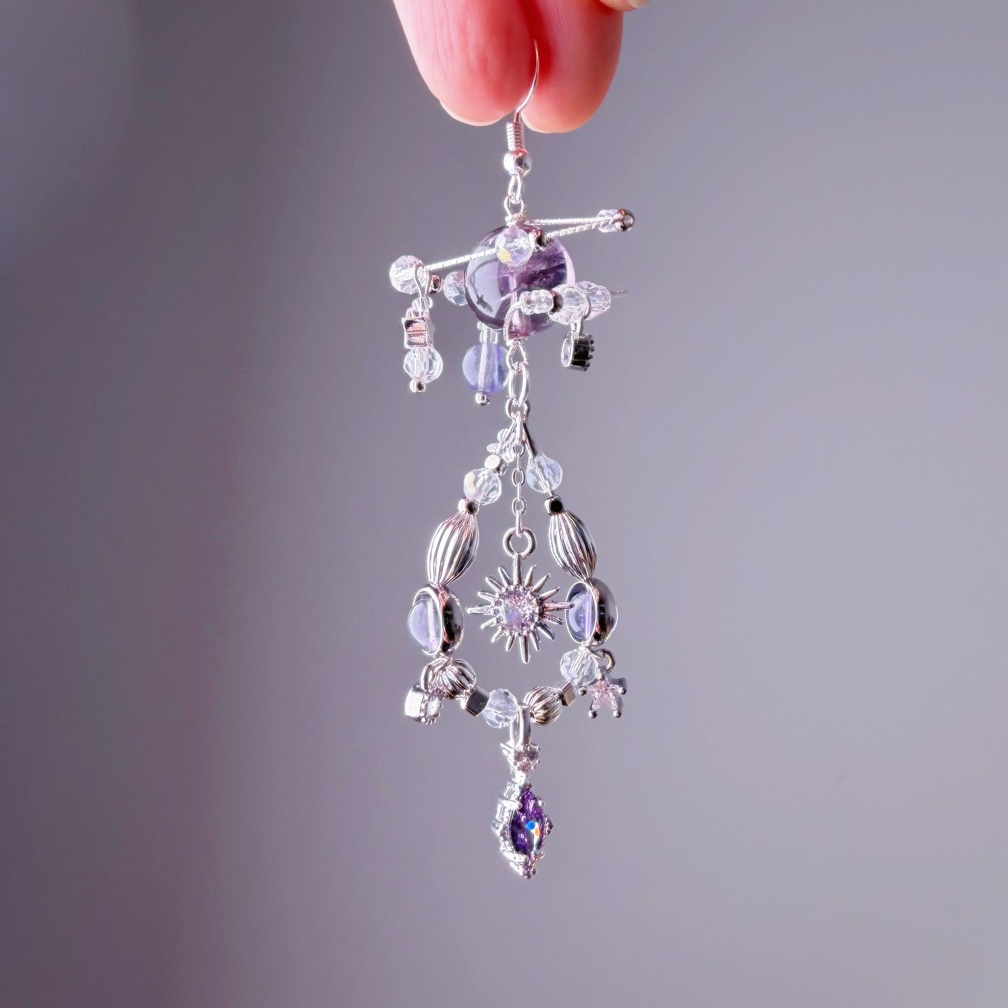 Amethyst Planets in Sky Celestial Dangle Silver Earrings