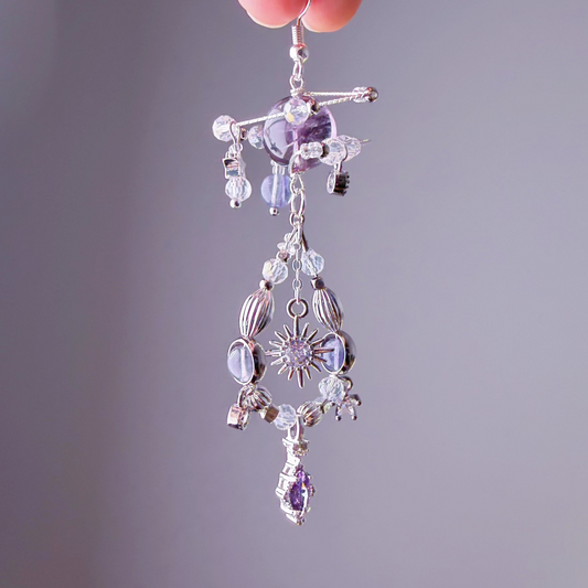 Amethyst Planets in Sky Celestial Dangle Silver Earrings