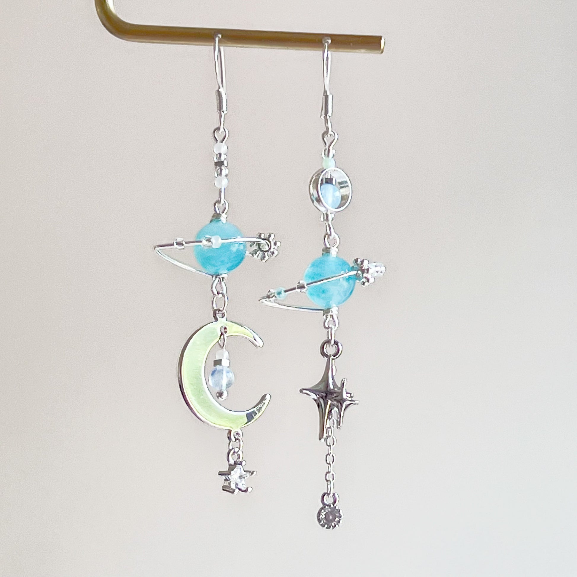 Blue Amazonite Planet and Silver Crescent Moon Silver Drop Earrings-Ninaouity