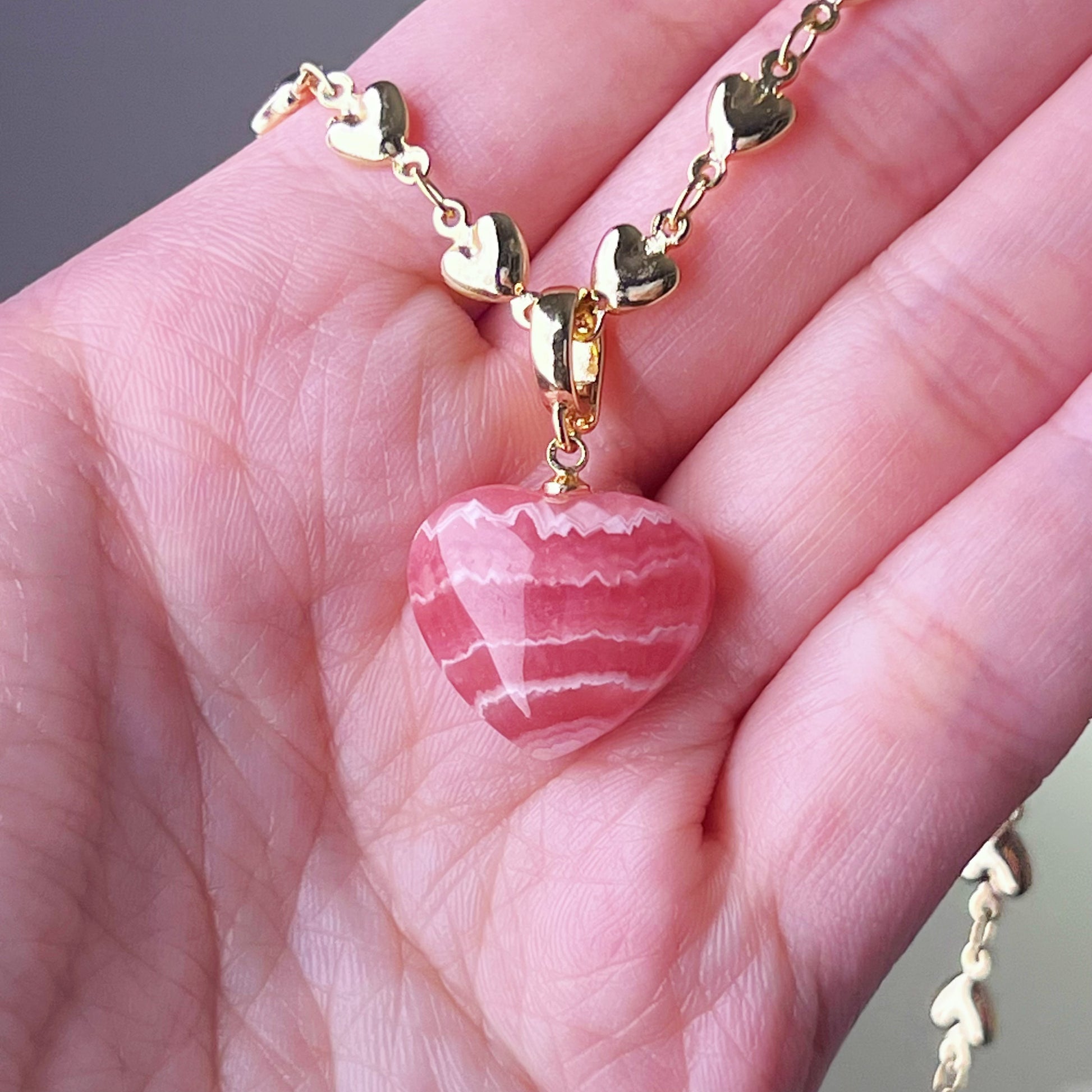 Rhodochrosite Crystal Heart Pendant Necklace-Ninaouity