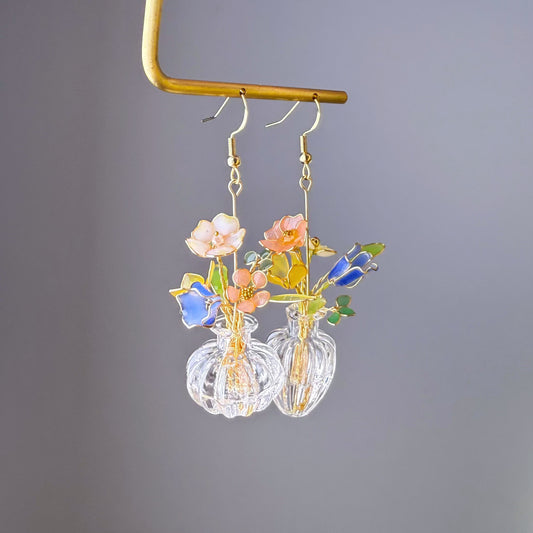 Handmade Summer Flowers Bouquet in Vase Drop Earrings