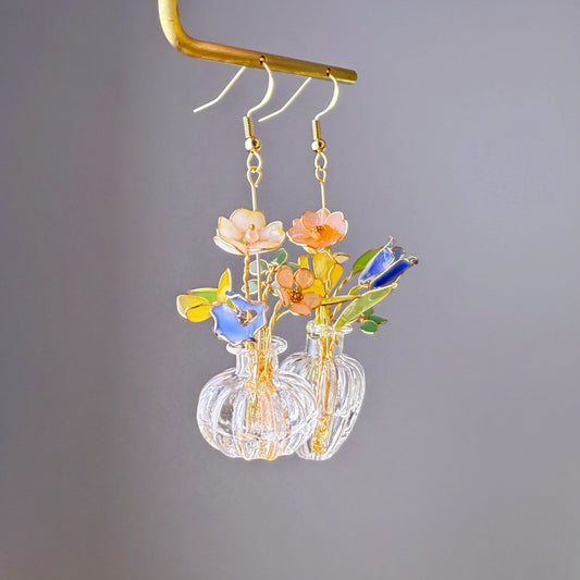 Handmade Summer Flowers Bouquet in Vase Drop Earrings