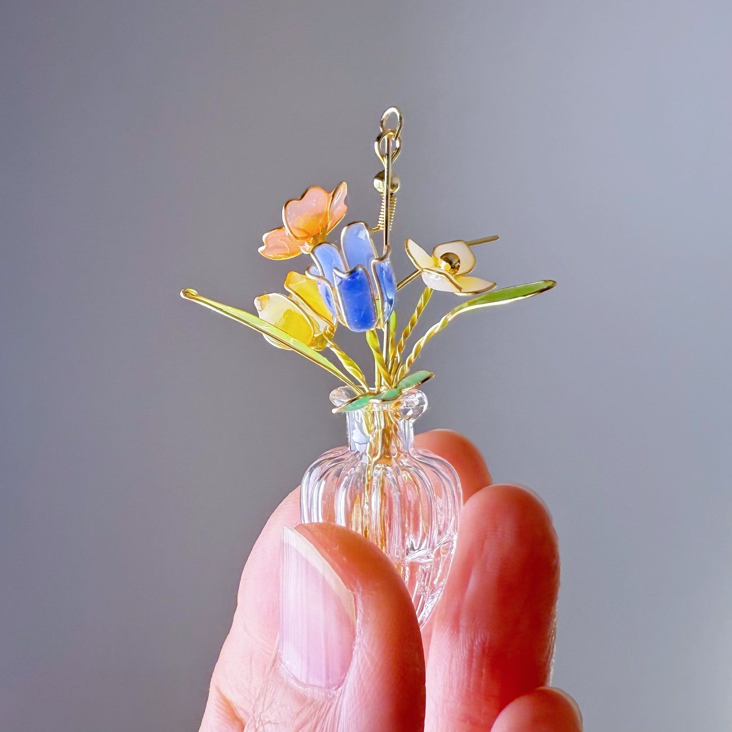Handmade Summer Flowers Bouquet in Vase Drop Earrings