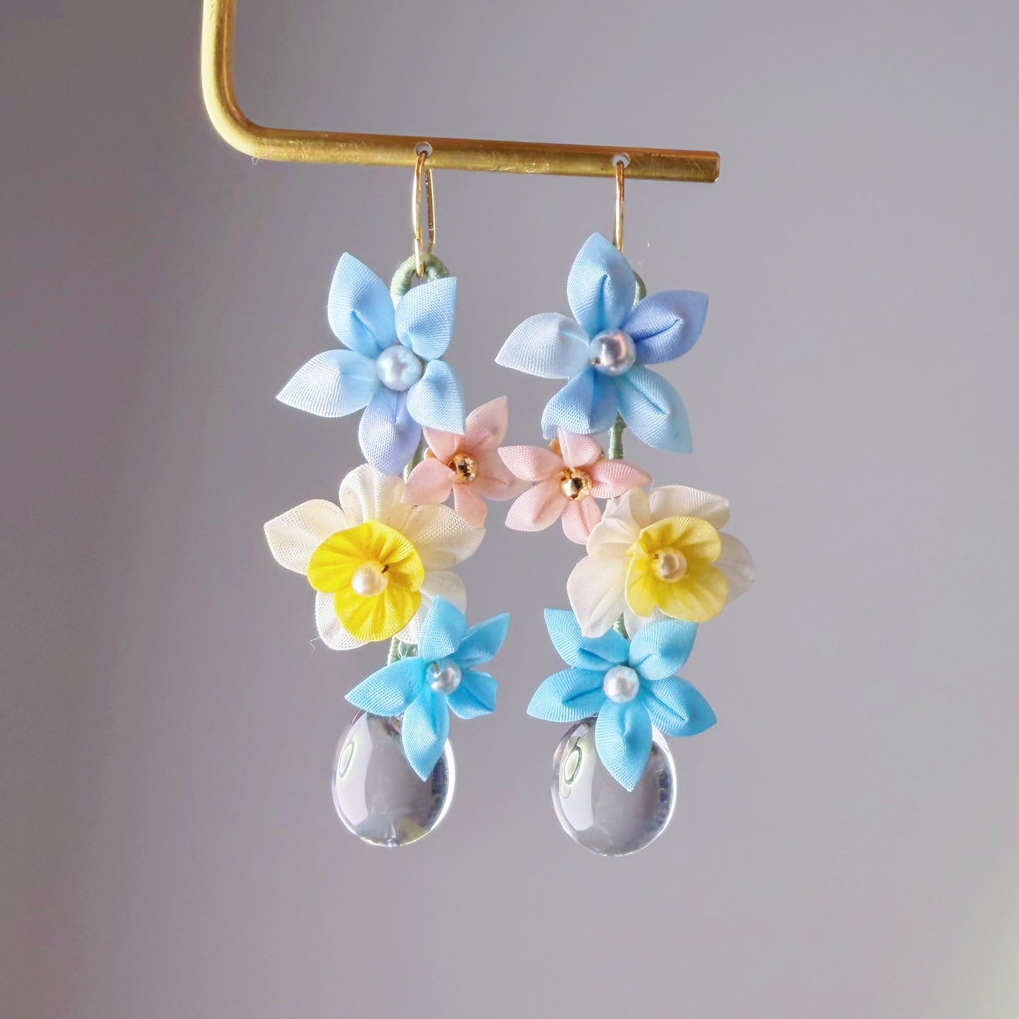 Blue Hydrangeas and Daffodil with Clear Water Drop Fabric Flowers Earrings