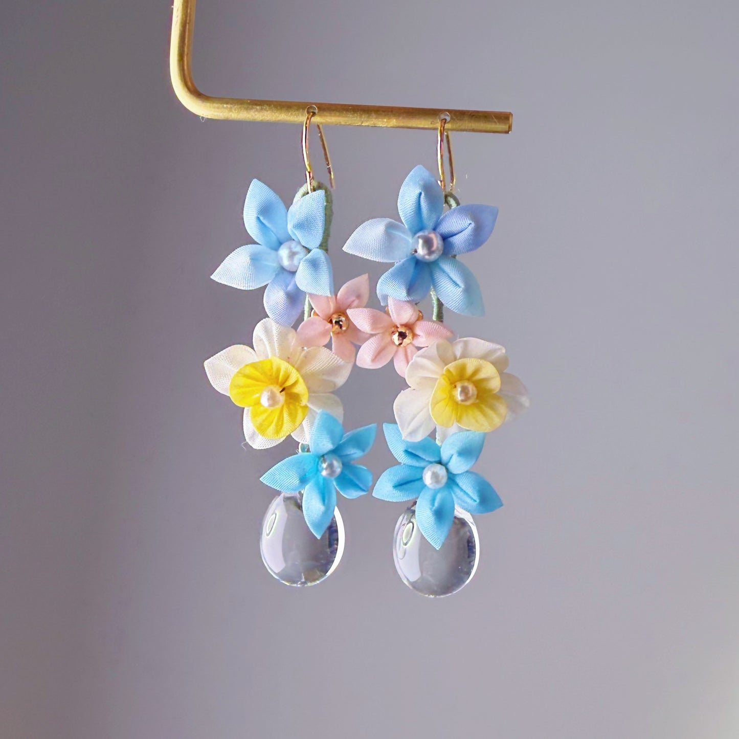 Blue Hydrangeas and Daffodil with Clear Water Drop Fabric Flowers Earrings