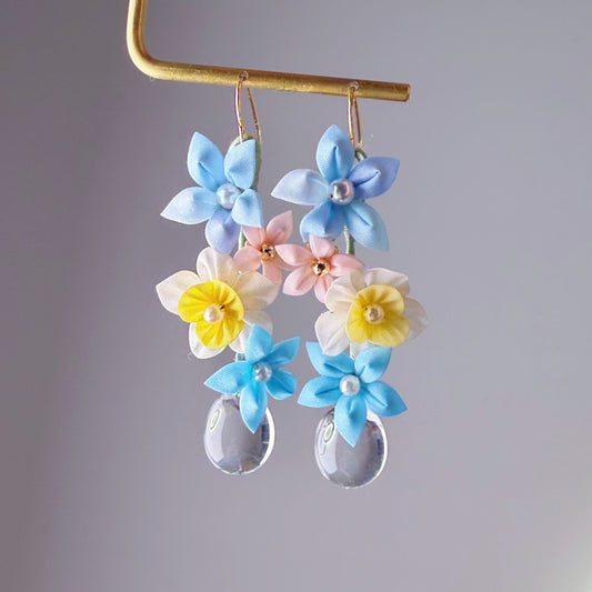 Blue Hydrangeas and Daffodil with Clear Water Drop Fabric Flowers Earrings