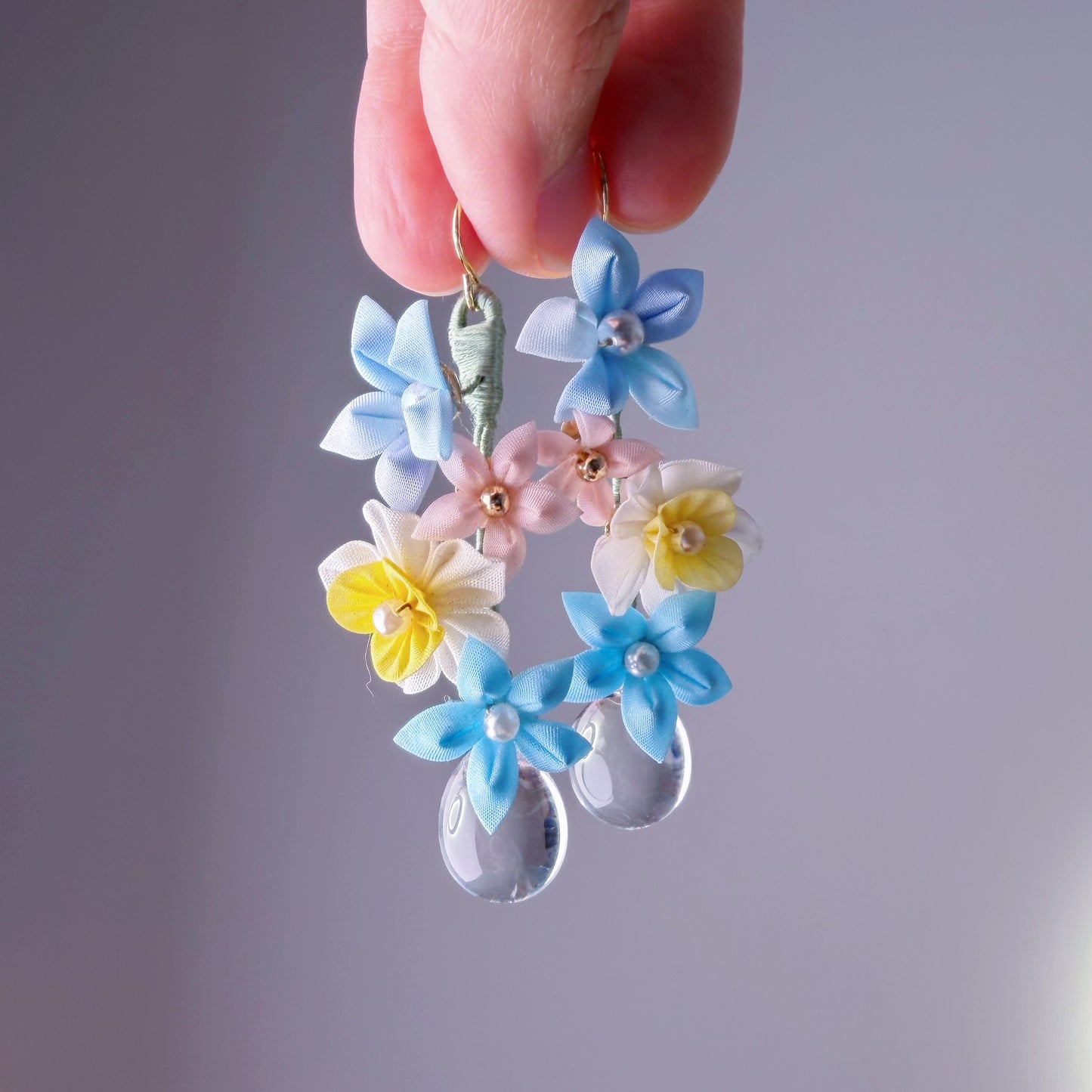 Blue Hydrangeas and Daffodil with Clear Water Drop Fabric Flowers Earrings