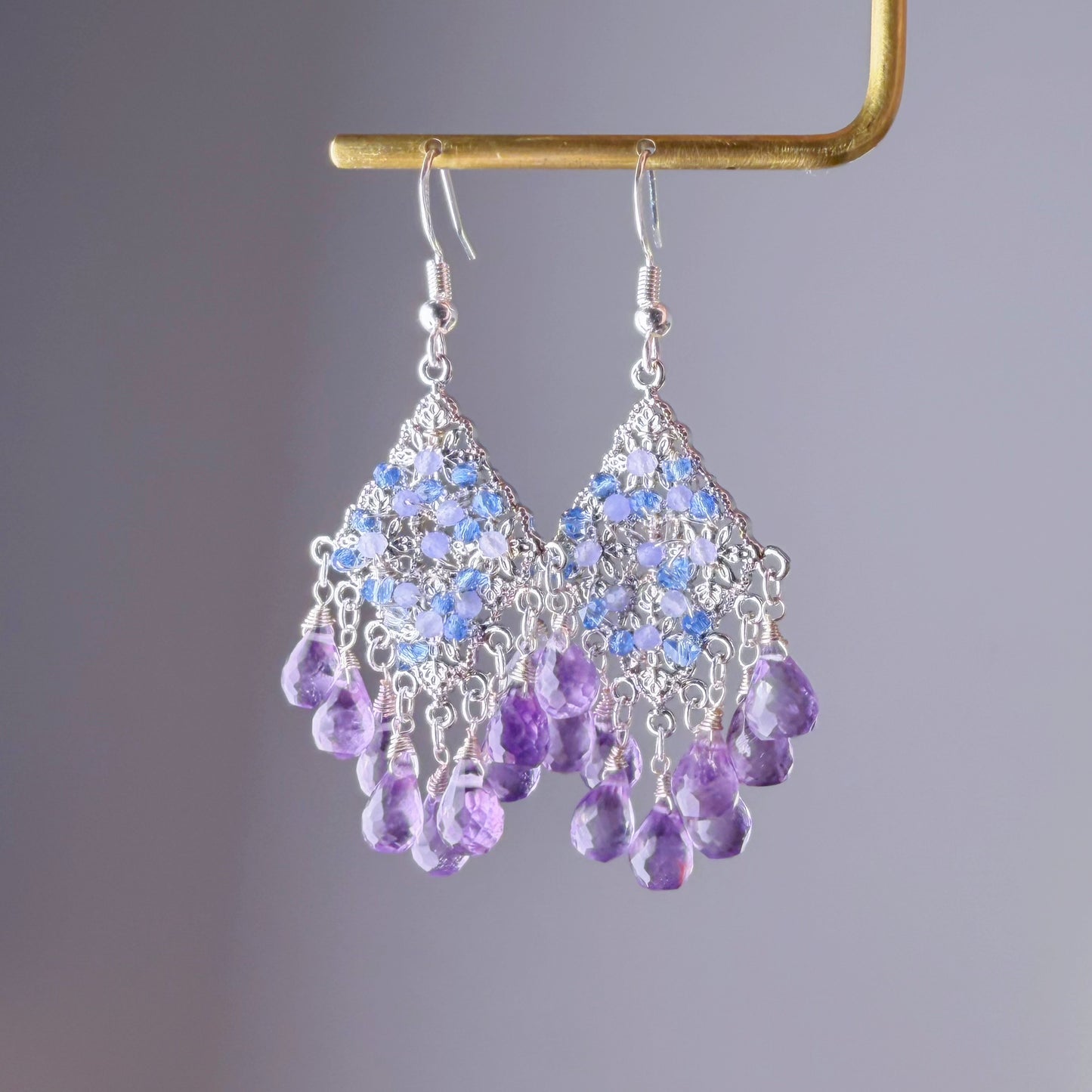 Handmade Crown Chakra Amethyst Tanzanite Agate Natural Crystal Kite Earrings
