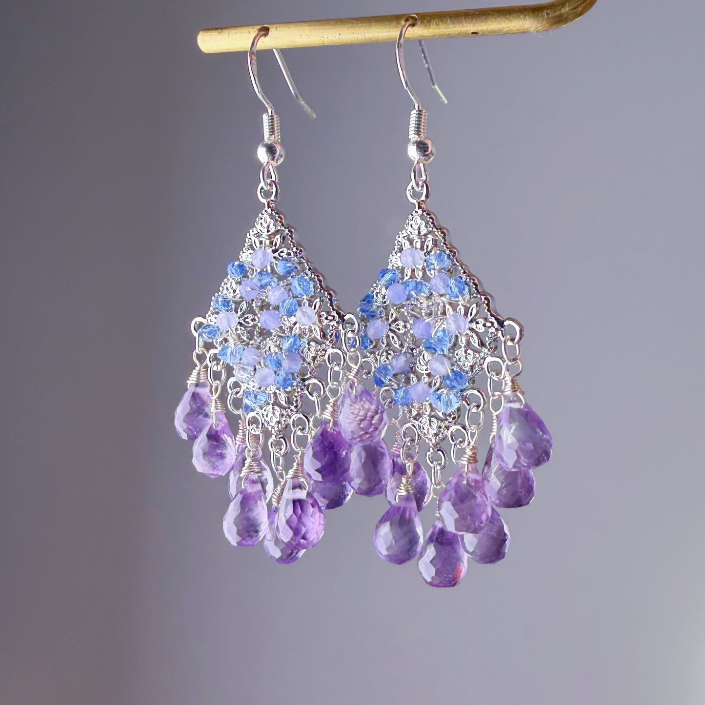 Handmade Crown Chakra Amethyst Tanzanite Agate Natural Crystal Kite Earrings