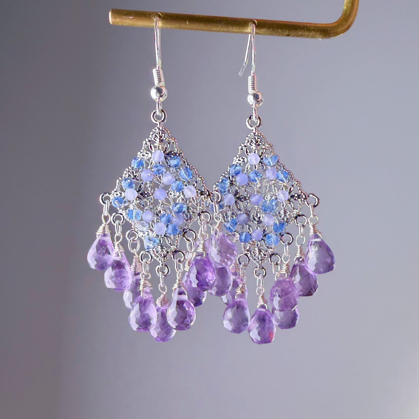 Handmade Crown Chakra Amethyst Tanzanite Agate Natural Crystal Kite Earrings