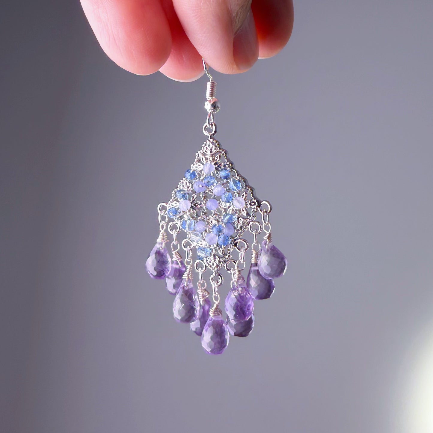 Handmade Crown Chakra Amethyst Tanzanite Agate Natural Crystal Kite Earrings