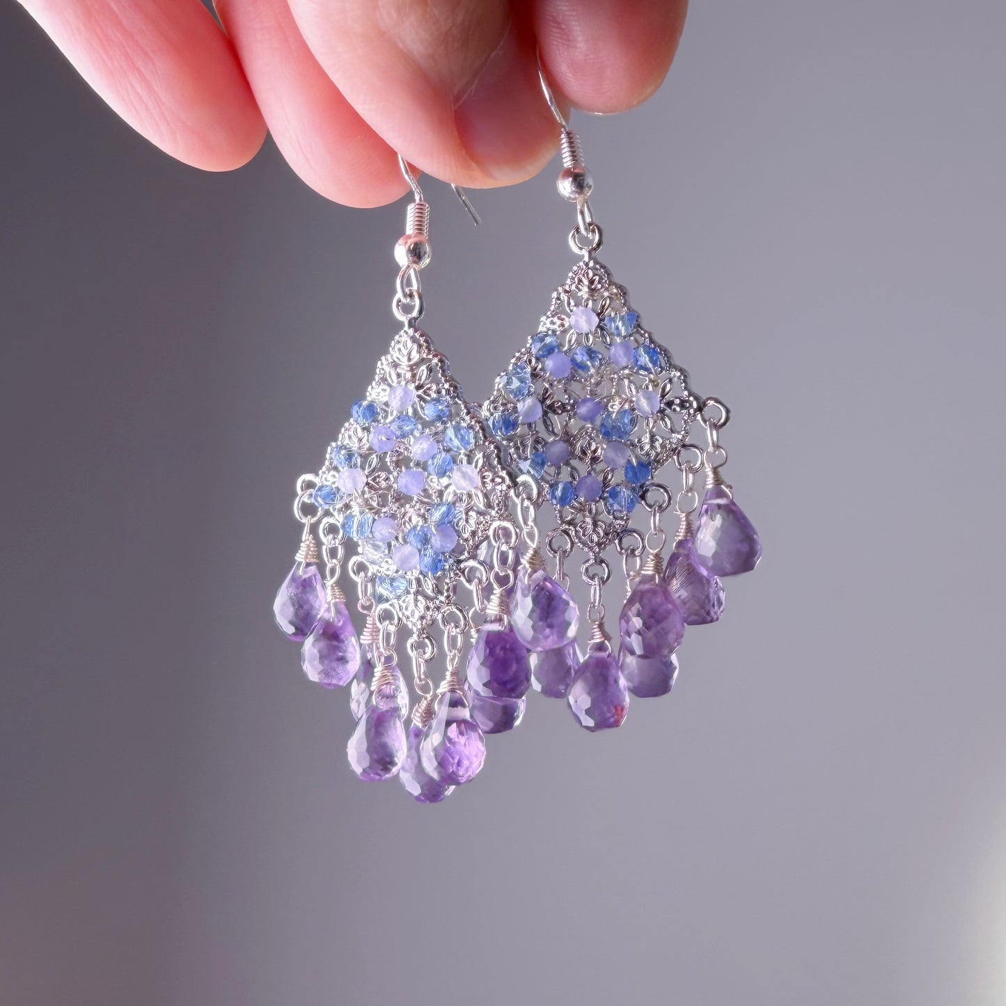 Handmade Crown Chakra Amethyst Tanzanite Agate Natural Crystal Kite Earrings