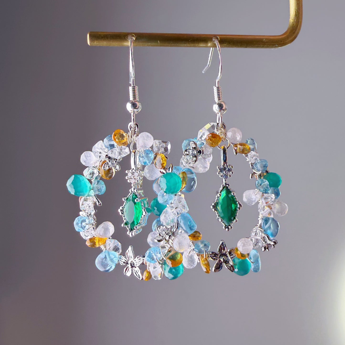 The Treasure Garden Natural Rose Quartz Agate Citrine Crystal Wreath Earrings
