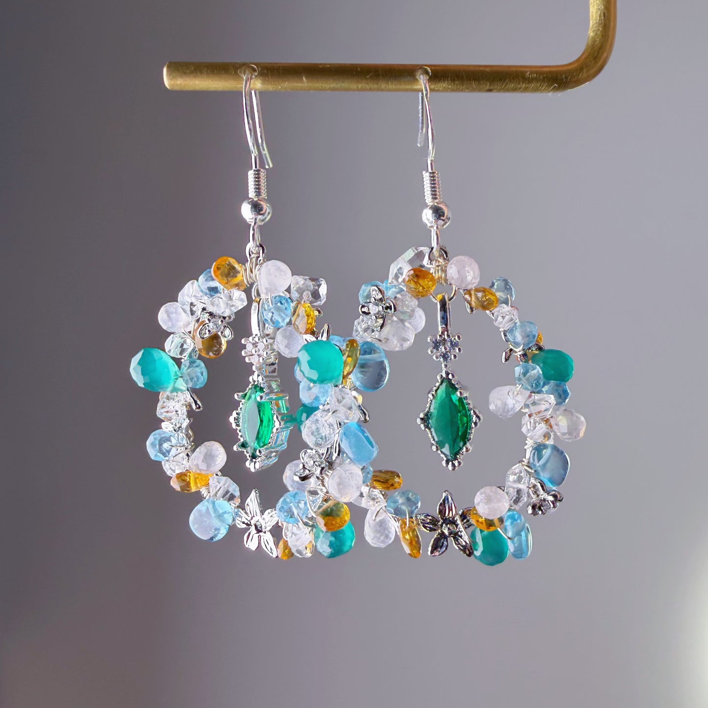 The Treasure Garden Natural Rose Quartz Agate Citrine Crystal Wreath Earrings