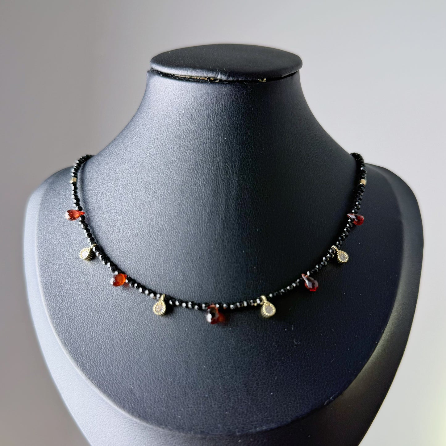Handmade Garnet Teardrop and Black Spinel Crystal Choker Necklace