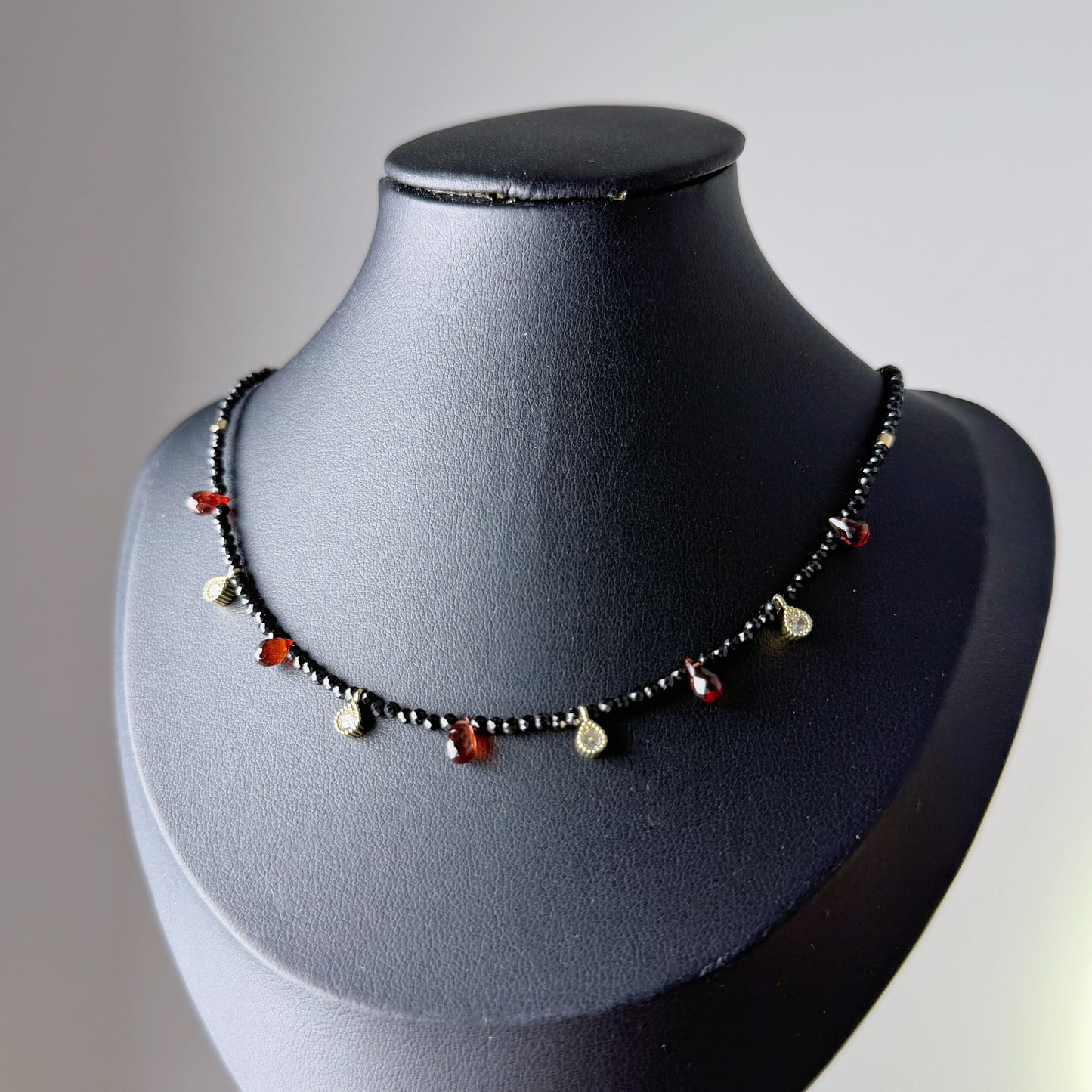 Handmade Garnet Teardrop and Black Spinel Crystal Choker Necklace