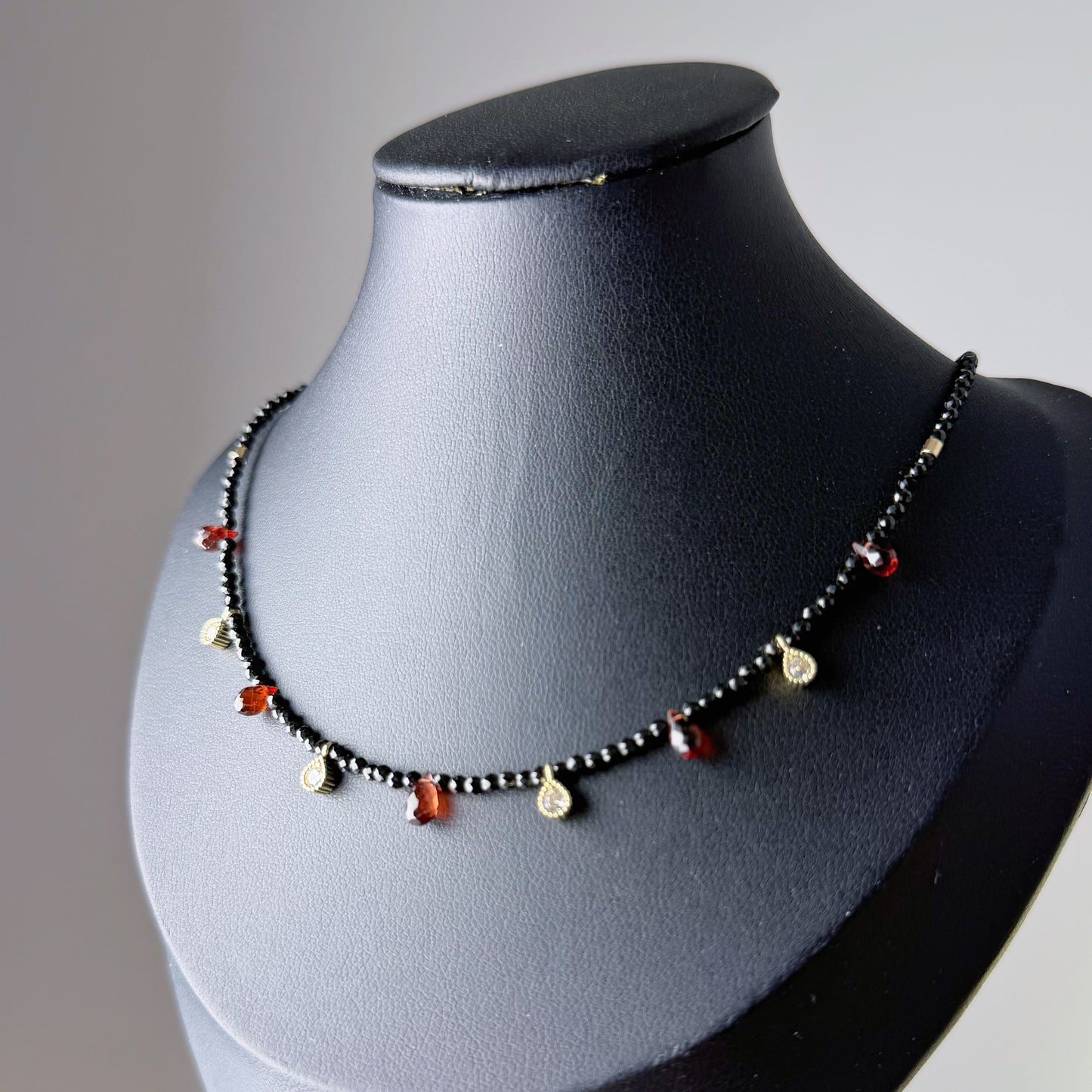Handmade Garnet Teardrop and Black Spinel Crystal Choker Necklace