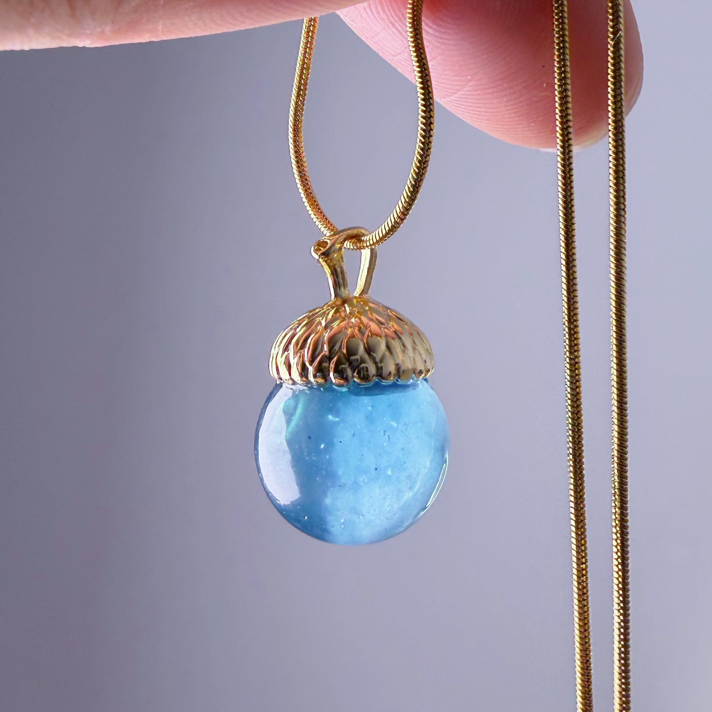 Handmade Natural Aquamarine Globe Acorn Pendant Necklace