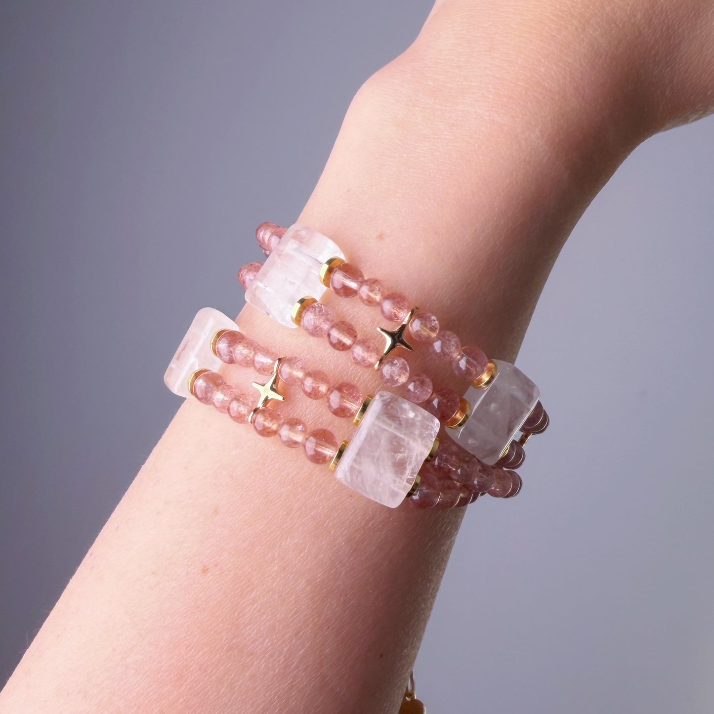 Handmade Strawberry Quartz and White Phantom Quartz Celestial Choker Bracelet