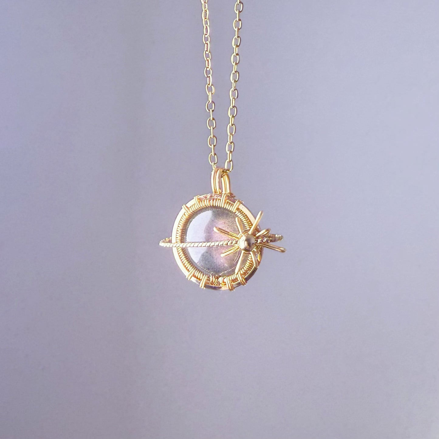 Planet - Natural Purple Labradorite Planet Gold Wire Wrapped Necklace