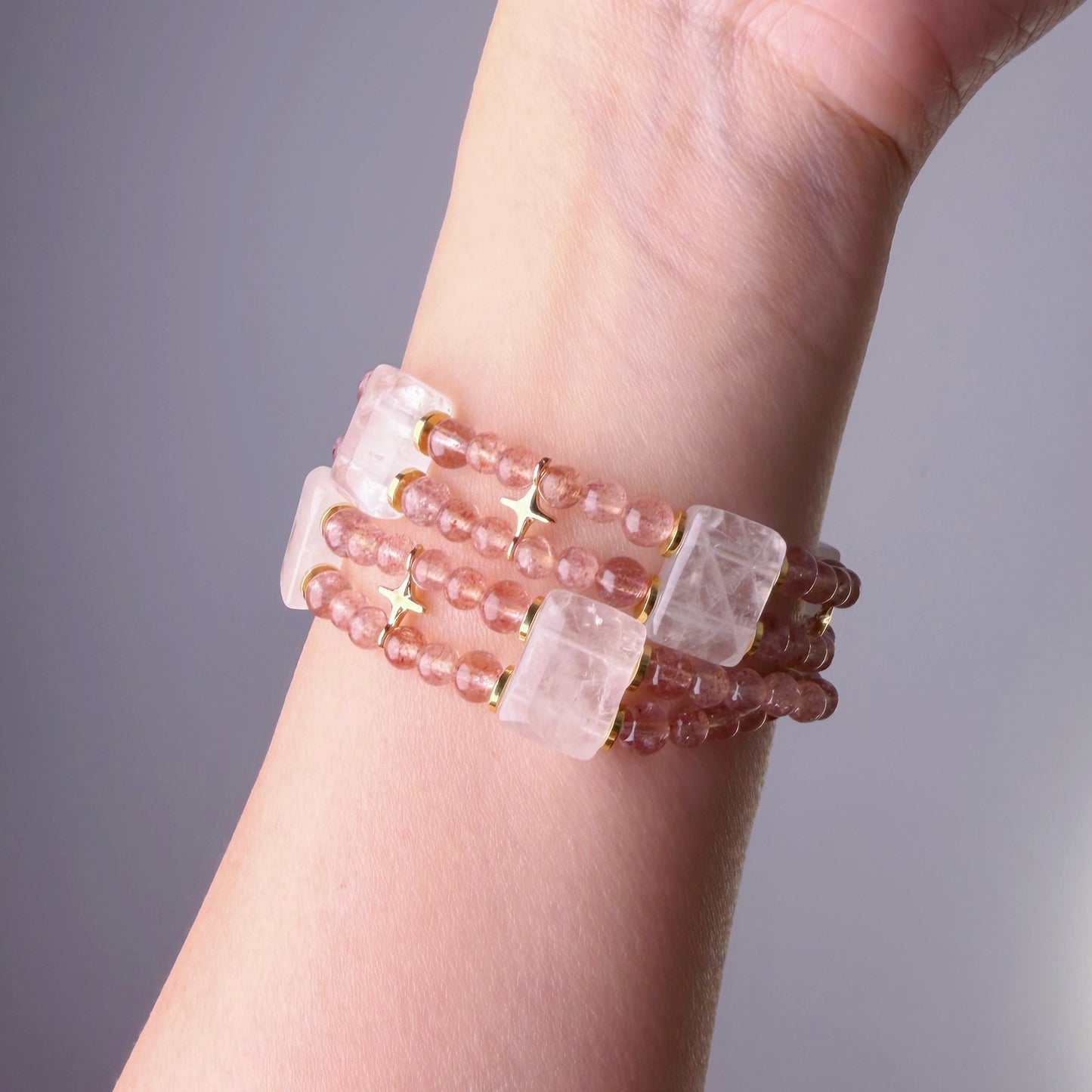 Handmade Strawberry Quartz and White Phantom Quartz Celestial Choker Bracelet