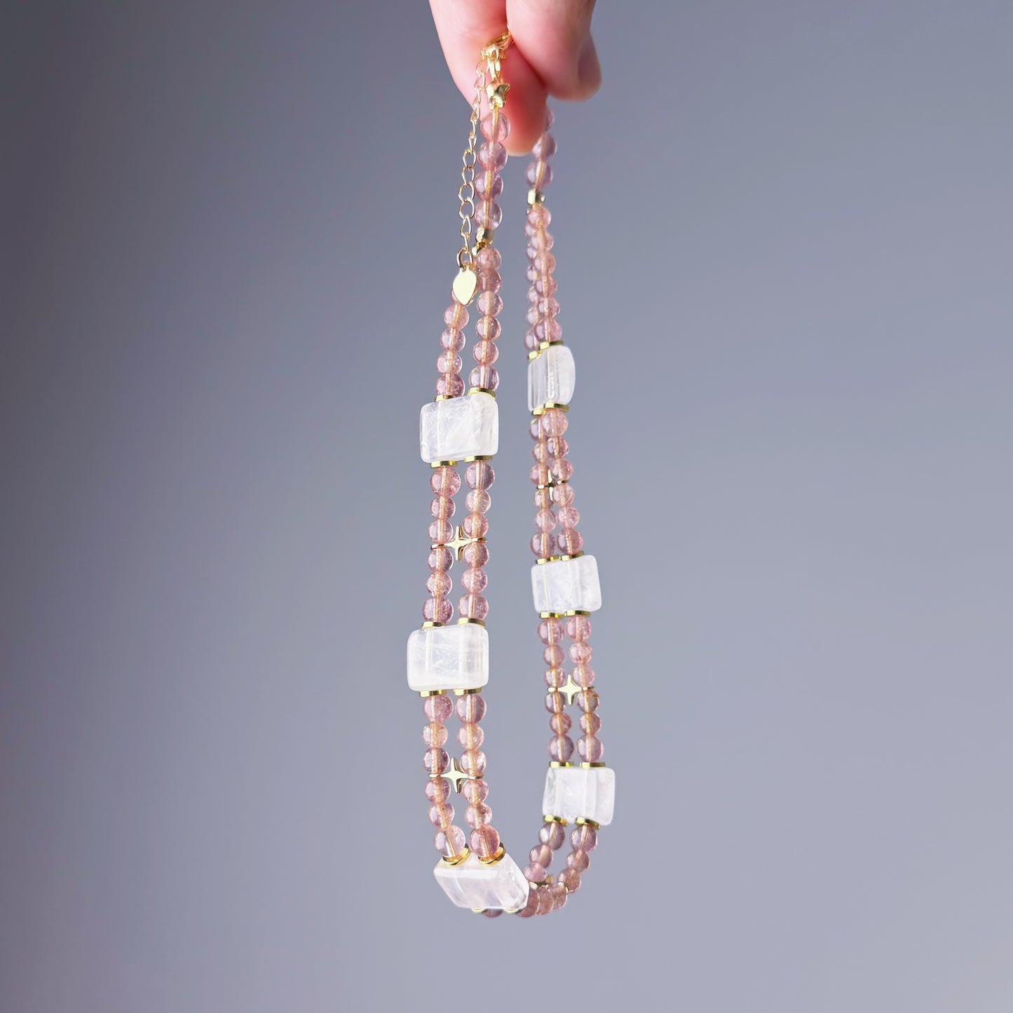 Handmade Strawberry Quartz and White Phantom Quartz Celestial Choker Bracelet