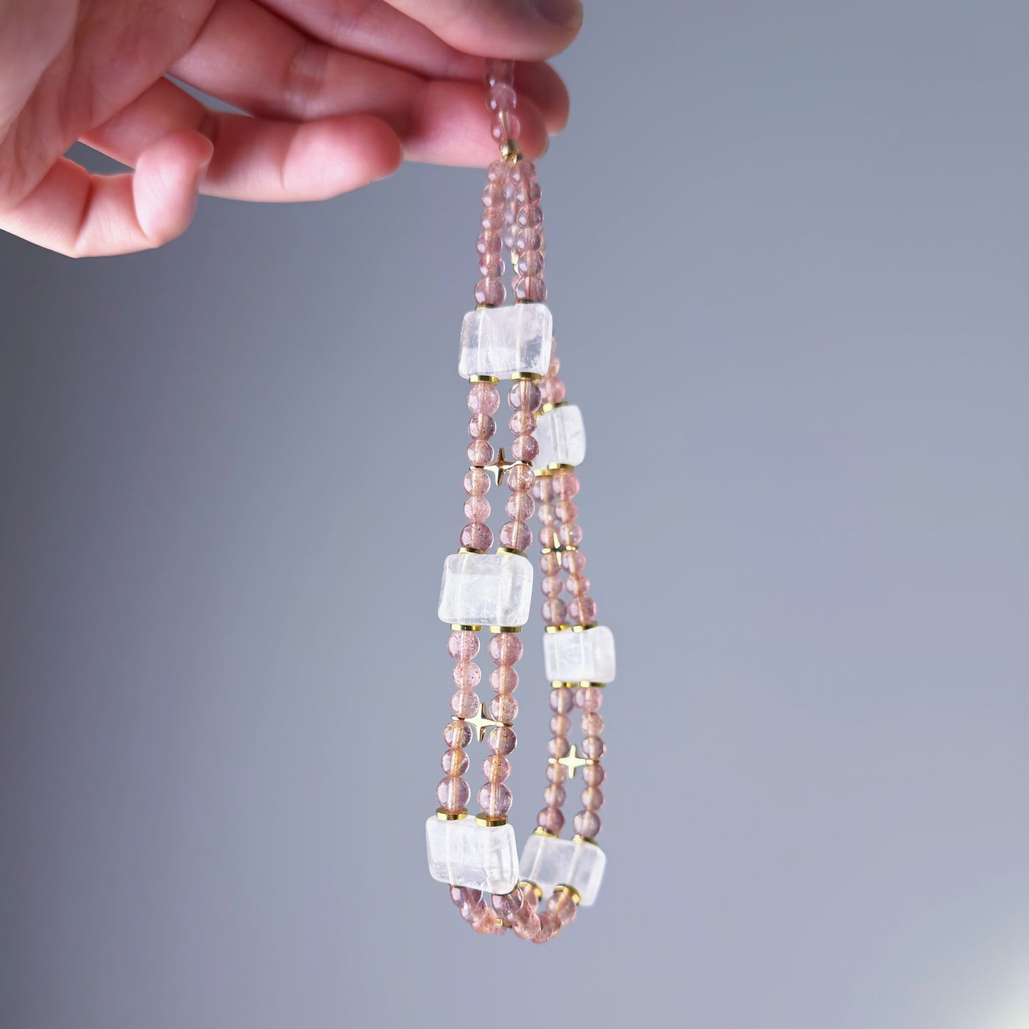 Handmade Strawberry Quartz and White Phantom Quartz Celestial Choker Bracelet