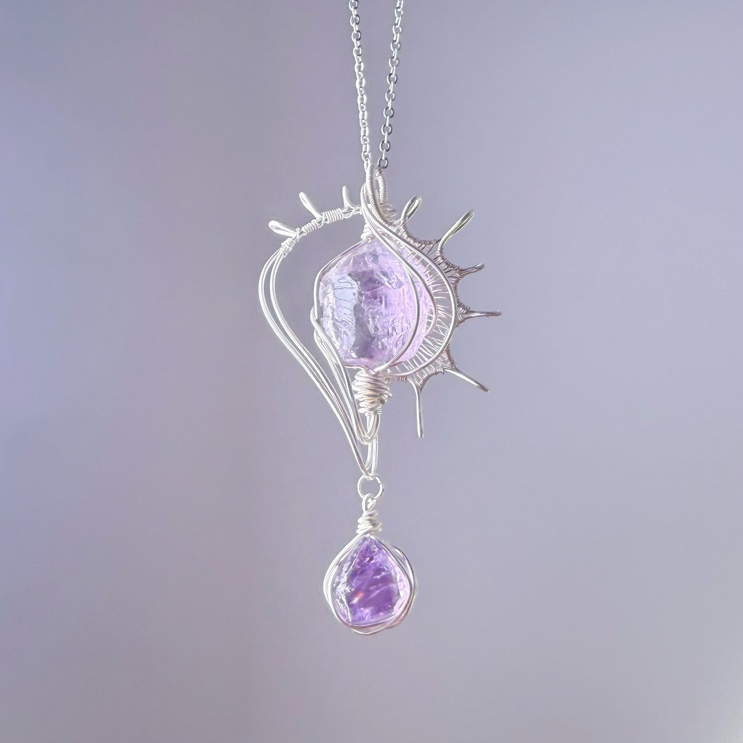 Conch - Natural Purple Amethyst Crystal Wire Wrapped Necklace