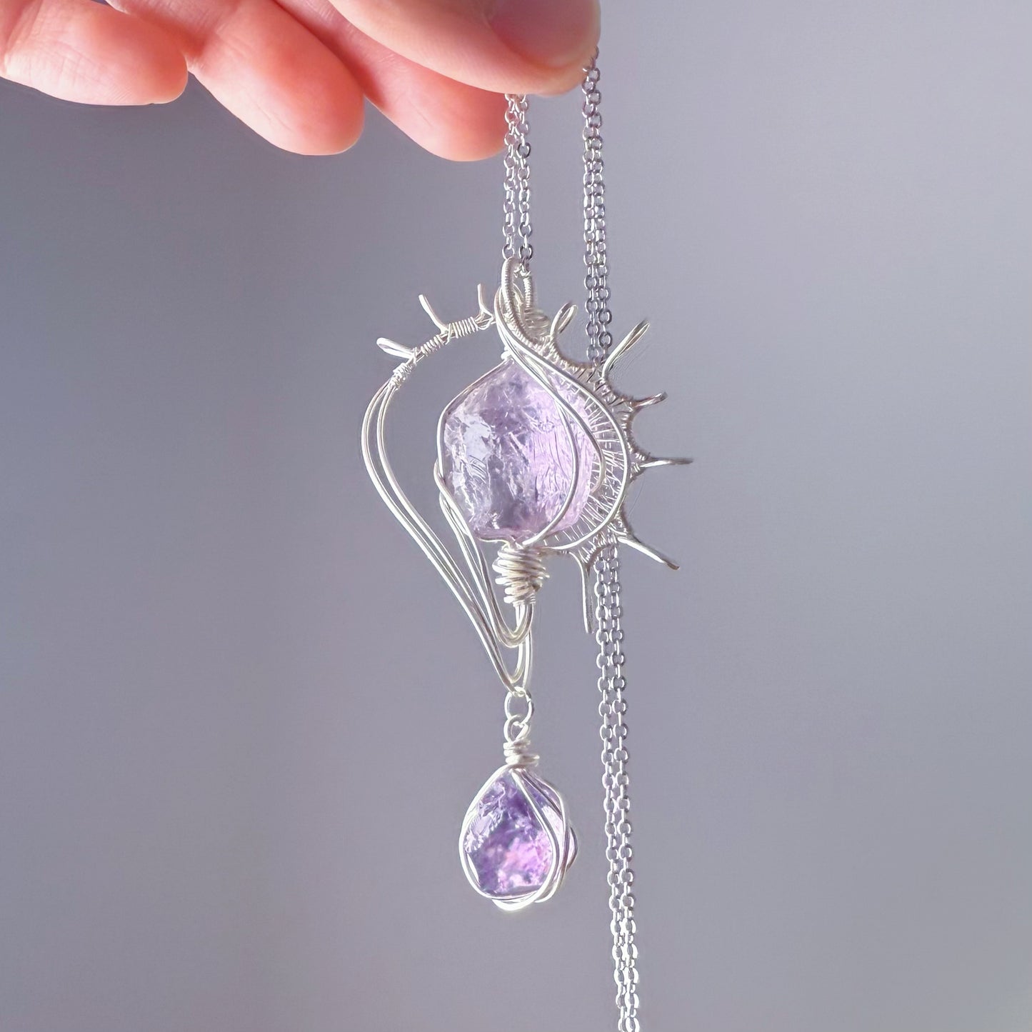 Conch - Natural Purple Amethyst Crystal Wire Wrapped Necklace